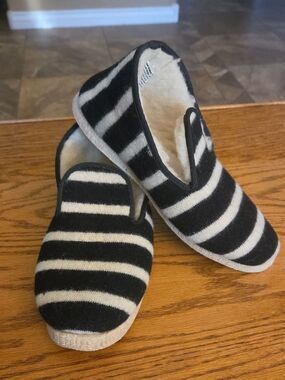 French Armor Lux Wool Slippers Shearling Black White Striped Soft Warm Womens 10